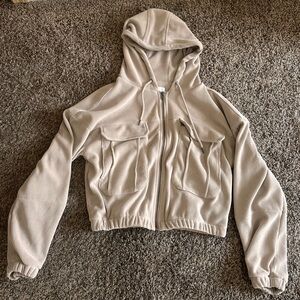 Beige tan waffle knit corduroy zip up hoodie jacket size small
